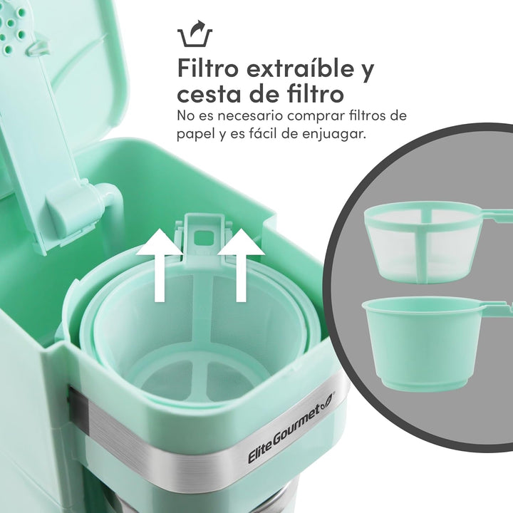 Elite Gourmet EHC113M# Cafetieră cu filtru cu porție unică, compactă, personală, cu cană de călătorie termo din oțel inoxidabil în interior, pentru cafea măcinată, filtru reutilizabil, verde mentă, 400 ml