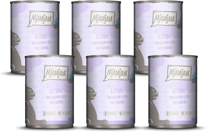 Mjamjam - Hrană umedă premium pentru pisici - Kitten Juicy Chicken cu ulei de somon, pachet de 6 (6 X 200 G), fără cereale, cu extra carne