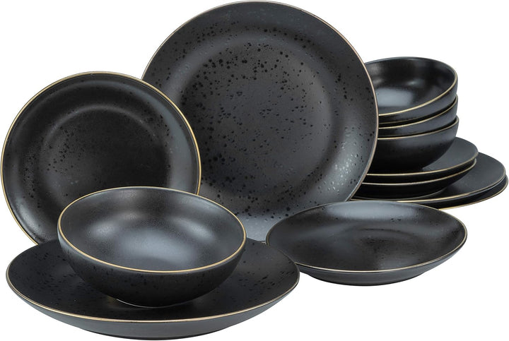 Creatable, 22707, Serie Industrial Gold BLACK, 12-Teiliges Geschirrset, Teller Set Aus Steinzeug, Spülmaschinen- Und Mikrowellengeeignet, Qualitätsproduktion