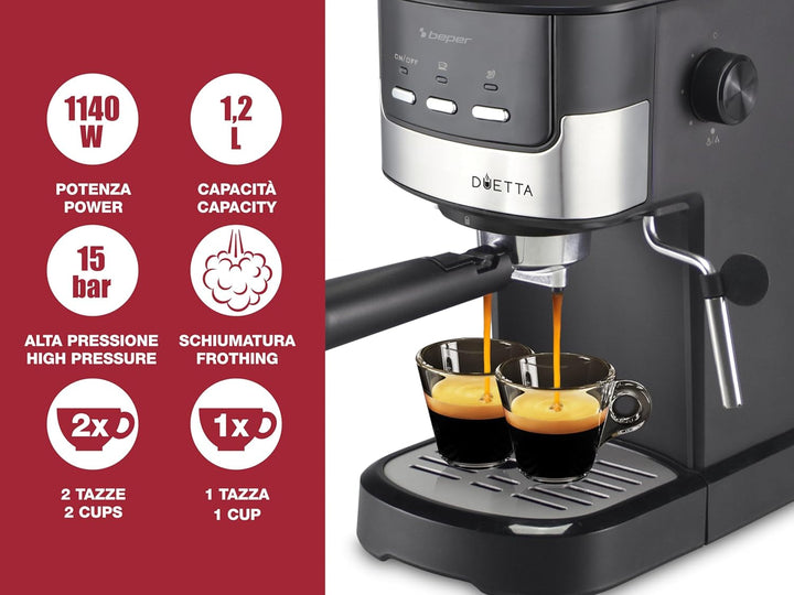 Beper P101CAF100 Duetta Espresso Coffee Maker, 1100W, compatibil cu poduri și cafea pudră, cafetieră cu braț dublu, 15 bar, încălzitor de cești, cupă de măsurare și presă incluse, negru