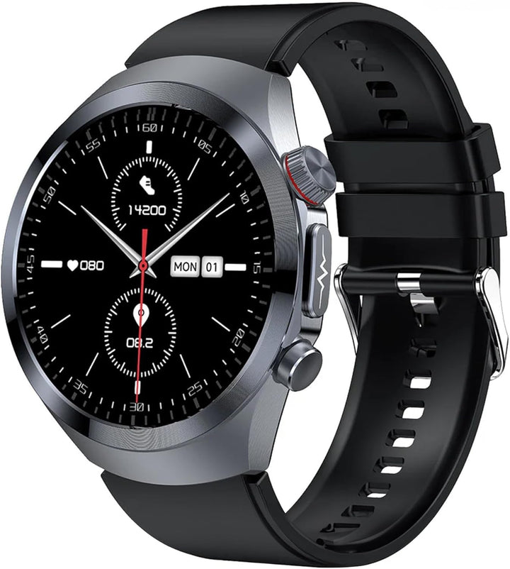PRO 3 Plus rotund (2025), ceas de sănătate smartwatch cu funcție de telefonie, ECG toracic plus HRV și funcție SOS, ecran AMOLED- BT Bluetooth, apnee de somn, curea de silicon negru, 14-24