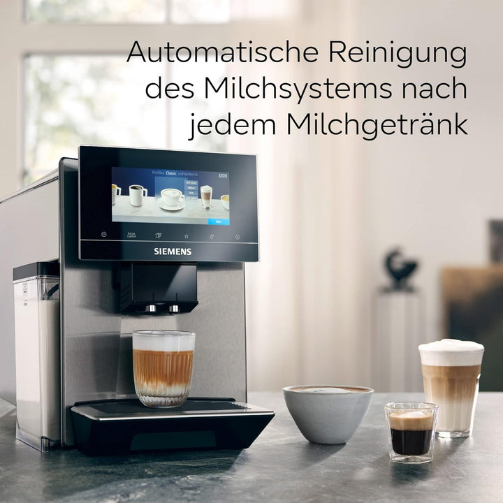 Siemens EQ900 TQ903D03 aparat de cafea complet automat, control prin aplicație, afișaj intuitiv full-touch, mod barista, stimulare aromă, reducere zgomot, râșniță premium, curățare automată cu abur, 1500 W, oțel inoxidabil