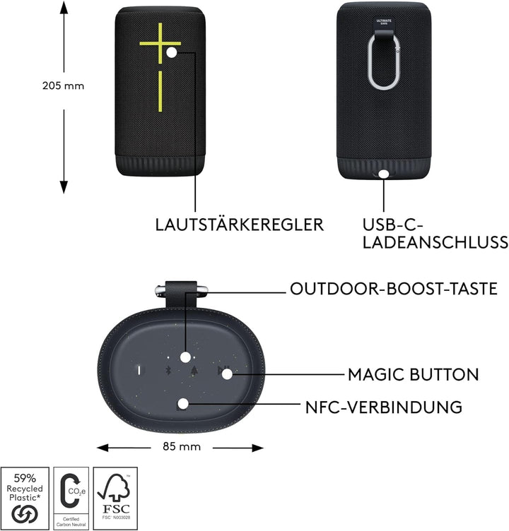 ULTIMATE EARS EVERBOOM Difuzor Bluetooth mobil fără fir, bas bogat, sunet imersiv la 360 de grade, difuzor plutitor rezistent la apă IP67, baterie reîncărcabilă până la 20 de ore, rază de acțiune 55 M - negru