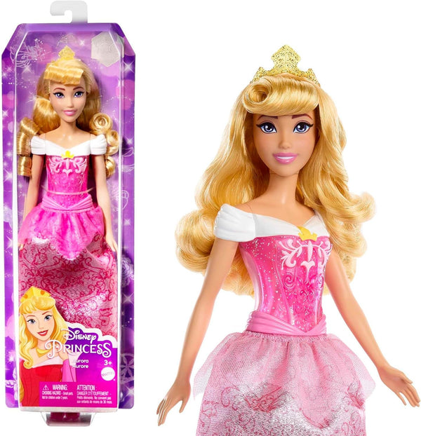 Mattel DISNEY Prințesa Aurora - păpușă cu ținută tipică, pantofi detașabili și diademă, top strălucitor și fustă detașabilă cu model, păr lung de coafat, HLW09