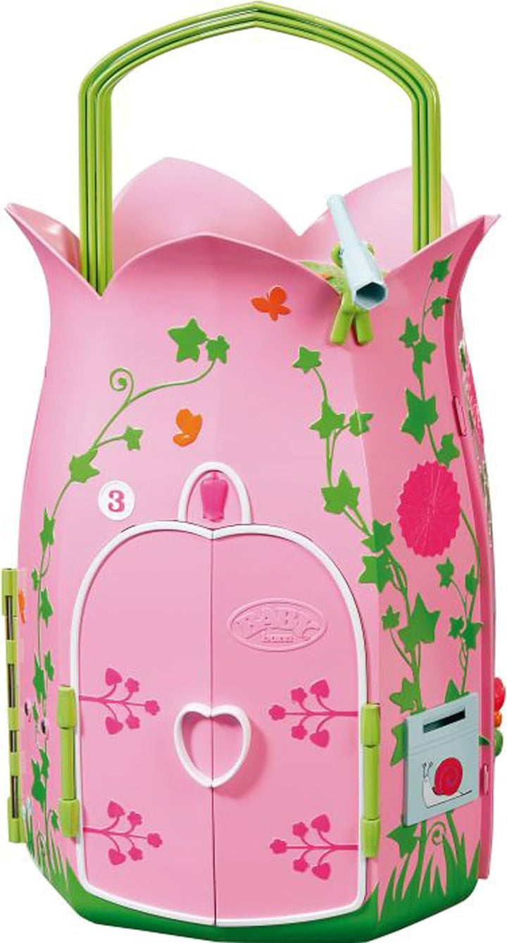 BABY Born Storybook Cottage, Casă de păpuși pliabilă pentru păpuși de 18 cm cu masă, șemineu, șezlong și telescop, roz verde, 833803 Zapf Creation