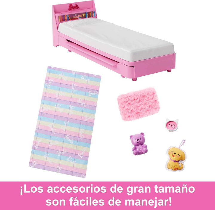 Barbie My First Series, Pat rulant, Pat cu accesorii, Ceas cu alarmă, Ursuleț de pluș, Set negru, Pernă, Păpușă, Cadou pentru copii, Jucării de la 3 ani,Hmm64