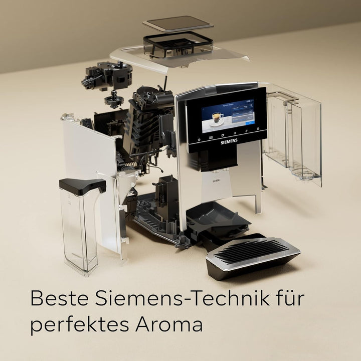 Siemens EQ900 TQ903D03 aparat de cafea complet automat, control prin aplicație, afișaj intuitiv full-touch, mod barista, stimulare aromă, reducere zgomot, râșniță premium, curățare automată cu abur, 1500 W, oțel inoxidabil
