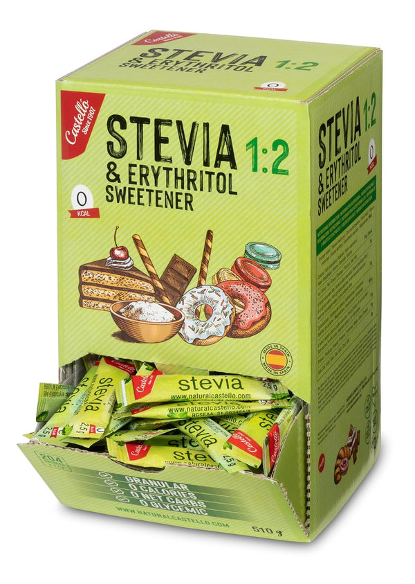 Stevia + Erythrit 1:2 Süßstoff | 204 Beutel Mit 2,5 G | 100% Natürlicher Zuckerersatz - 0 Kalorien - 0 Glykämischer Index - Keto Und Paleo - 0 Kohlenhydrate - Kein GVO - Castello since 1907-510 G