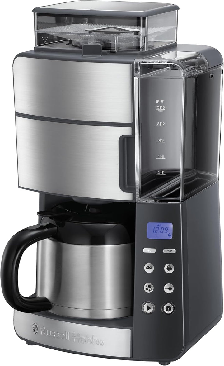Russell Hobbs Cafetiera cu râșniță Thermo Jug [cronometru digital, cap efervescent pentru extracție și aromă optime] Grind&Brew (Max 10 cești, setare de măcinare în 3 trepte) Filtru de cafea 25620-56