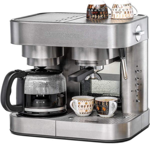 Rommelsbacher Coffee/Espresso Centre EKS 3010 - Mașină de cafea cu filtru, cană de sticlă, suport pentru sită, inserție filtru pentru 1 sau 2 cești, duză pentru spumă de lapte/apă caldă, cantitate de umplere a ceștii programabilă