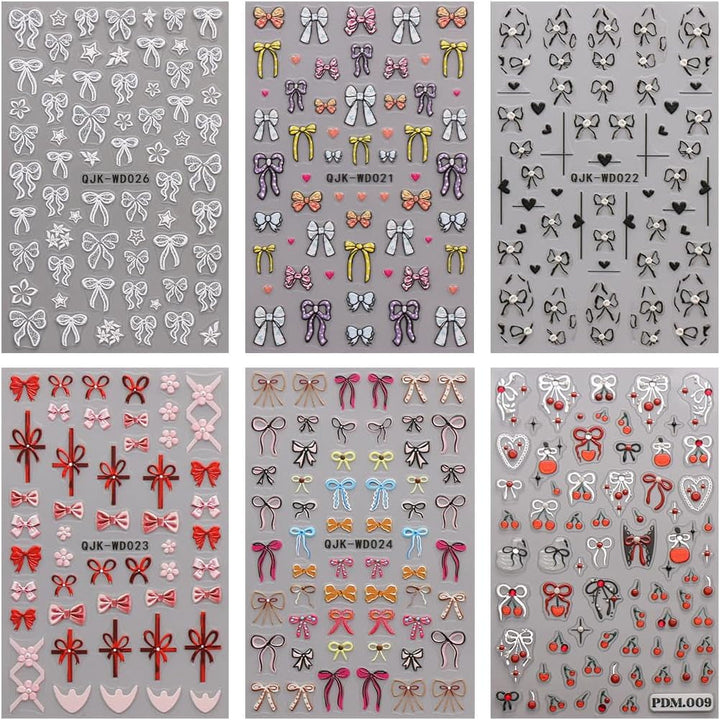 JMEOWIO Nagelsticker Bunte Herz Schleife 6 Blatt Nail Art Sticker Selbstklebend Nagelaufkleber Dekoration Nageldesign Zubehör