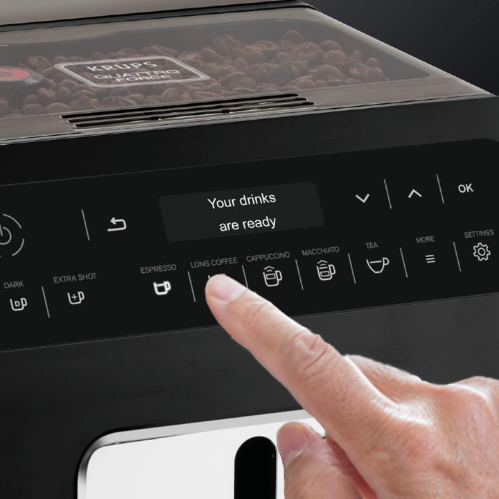 Aparat de cafea complet automat Krups EA8918 Evidence | Ecran Oled Tehnologie Barista Quattro Force | 12 cafele | 3 variante de ceai | cappuccino one-touch | Funcție 2 cești | negru