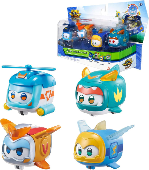 Super Wings Super Pets 4 PCS Shine, Golden Boy, Jerome, Ellie, cu expresie facială comutabilă, cu efect de fulger, portabil, jucărie pentru 3 4 5 6 7 8 ani băiat fată, 2 inci