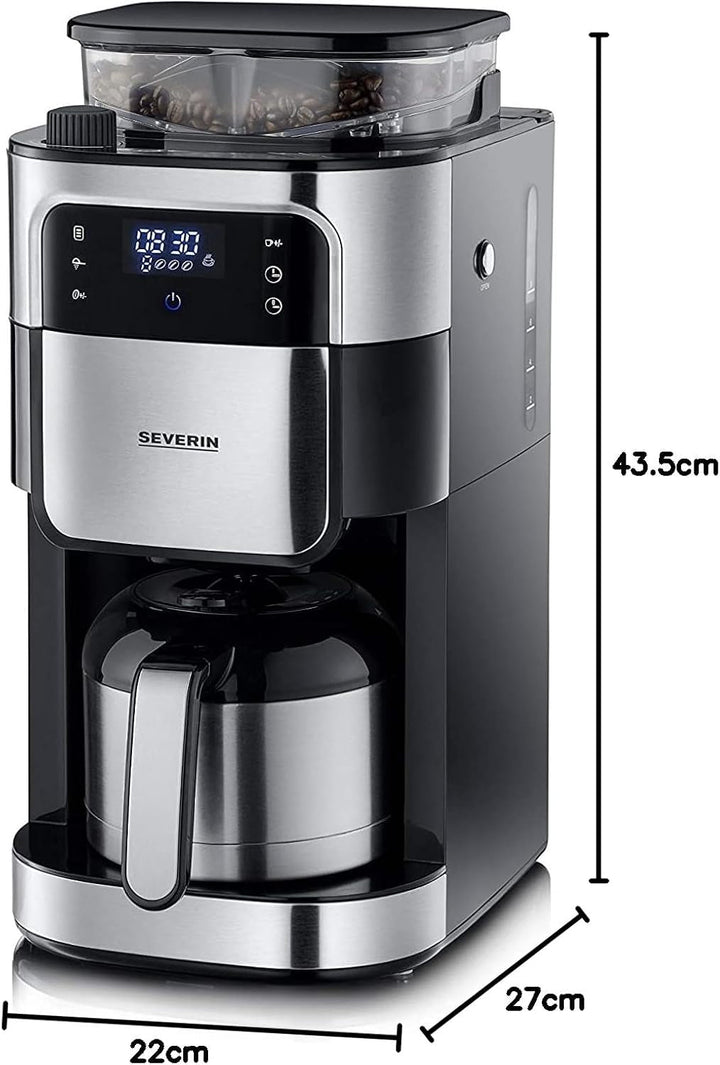 SEVERIN Filtru de cafea cu râșniță din oțel inoxidabil și ulcior termo, măcinare fină și nivel de măcinare selectabil individual, 1000 W, pentru până la 8 cești / Aprox. 1 litru, negru, KA 4814