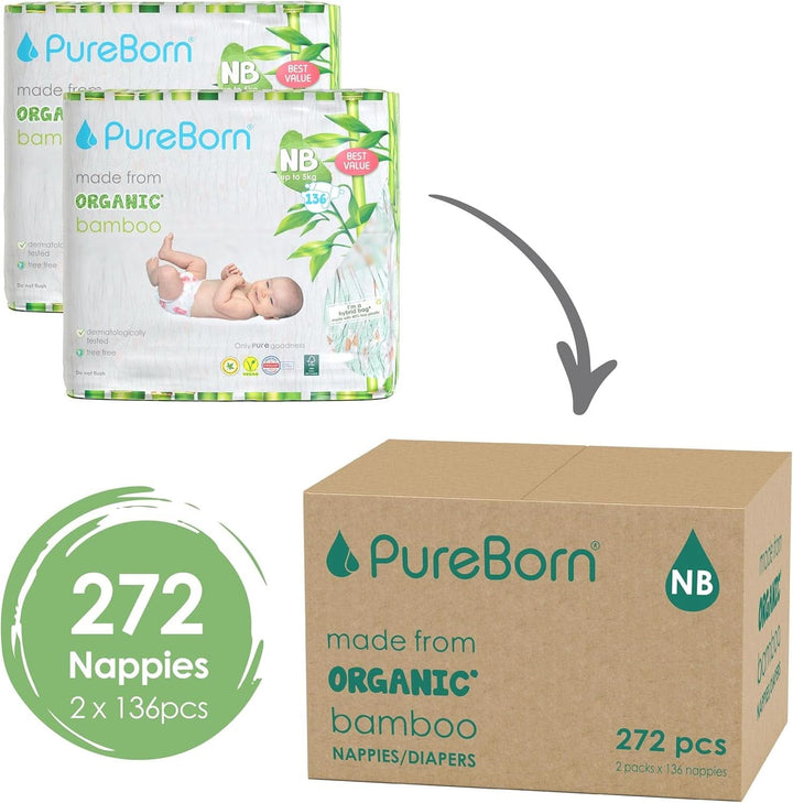 Pureborn Eco Bio-Bambus Windeln, Größe Für Neugeborene (Bis 5 Kg), 272 Stück (2 X 136), Umweltfreundlich, Hypoallergen, Ultraweich, Mit Nässeindikator, Diverser Aufdruck