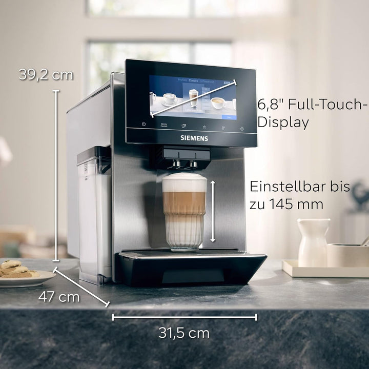 Siemens EQ900 TQ903D03 aparat de cafea complet automat, control prin aplicație, afișaj intuitiv full-touch, mod barista, stimulare aromă, reducere zgomot, râșniță premium, curățare automată cu abur, 1500 W, oțel inoxidabil