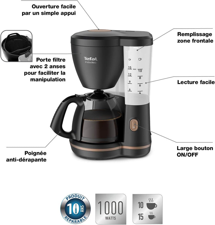 Cafetiera cu filtru Inclusiv Tefal, Un filtru de cafea Extrem de ușor de utilizat, Potrivit pentru utilizatorii dreptaci și stângaci, 1,25 L, 10 până la 15 cești, CM533811
