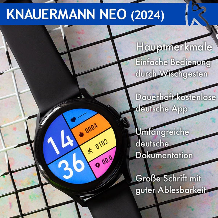 Neo (2024) Negru rotund - ceas de sănătate Smartwatch - ECG + funcție HRV - BT Bluetooth - Apnee de somn - Tensiune arterială - curea din silicon negru, 14-24