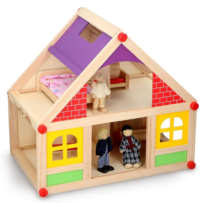 Marionette Wooden Toys - Casă de păpuși din lemn cu mobilier și păpuși - 11 bucăți