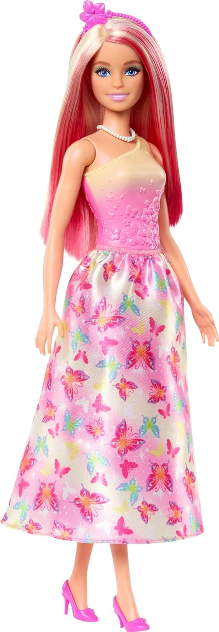 Păpușă Barbie Royal cu păr fantezist blond și roz, accesorii colorate, top roz cu gradient și fustă cu model fluture, HRR08