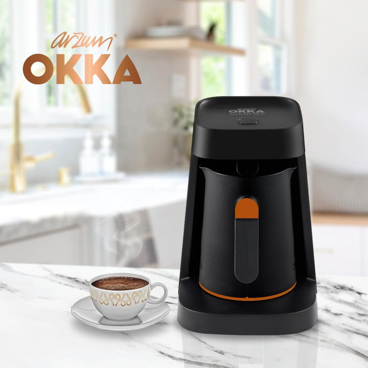 Arzum Okka MINIO JET filtru de cafea turcească, 400 W, capacitate de 5 cești, protecție la revărsare, sistem de avertizare acustică, filtru de cafea turcească, negru/portocaliu