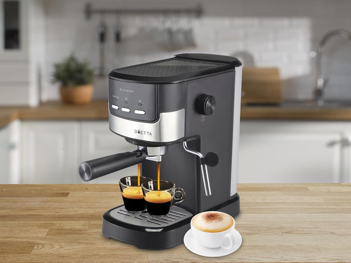 Beper P101CAF100 Duetta Espresso Coffee Maker, 1100W, compatibil cu poduri și cafea pudră, cafetieră cu braț dublu, 15 bar, încălzitor de cești, cupă de măsurare și presă incluse, negru