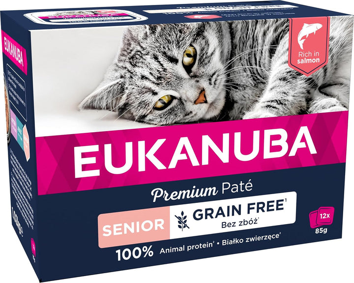 EUKANUBA Senior Cat Food Wet Grain Free - Hrană umedă premium cu mult somon pentru pisici în vârstă, 12 X 85 G