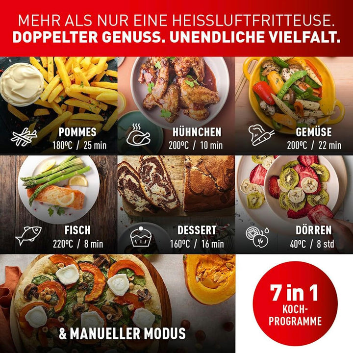 Tefal Dual Easy Fry Heißluftfritteuse Doppelkammer, 5,2/3,1 L Fassungsvermögen, Zwei Unabhängige Schubladen, 7 Programme, Energiesparender Airfryer, Schwarz, EY9018