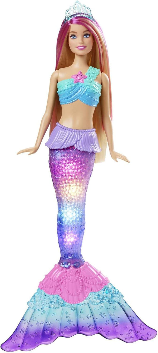 Barbie Dreamtopia Magic Light Mermaid Doll cu păr blond, păpușă Barbie cu coadă de sirenă, potrivită ca cadou pentru copii de la 3 ani, HDJ36