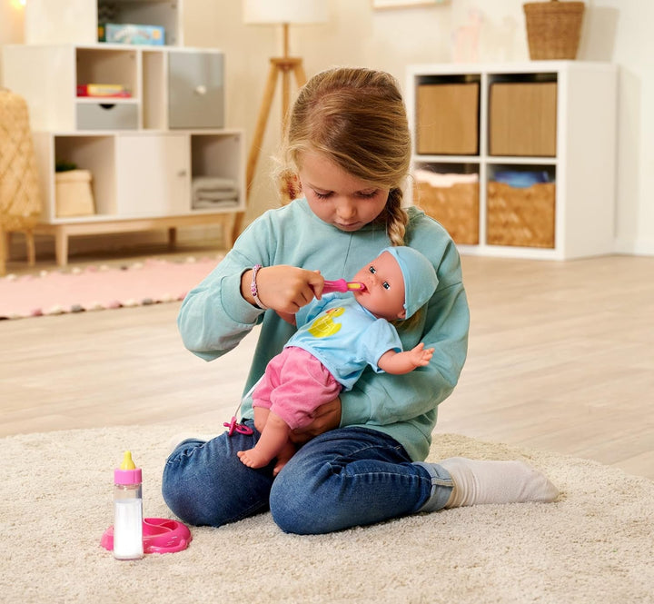 Simba 105010964 - Laura Hungry, păpușă cu corp moale, cu manechin, lingură magică, biberon cu conținut care dispare și farfurie mică, 38cm, păpușă de la 2 ani