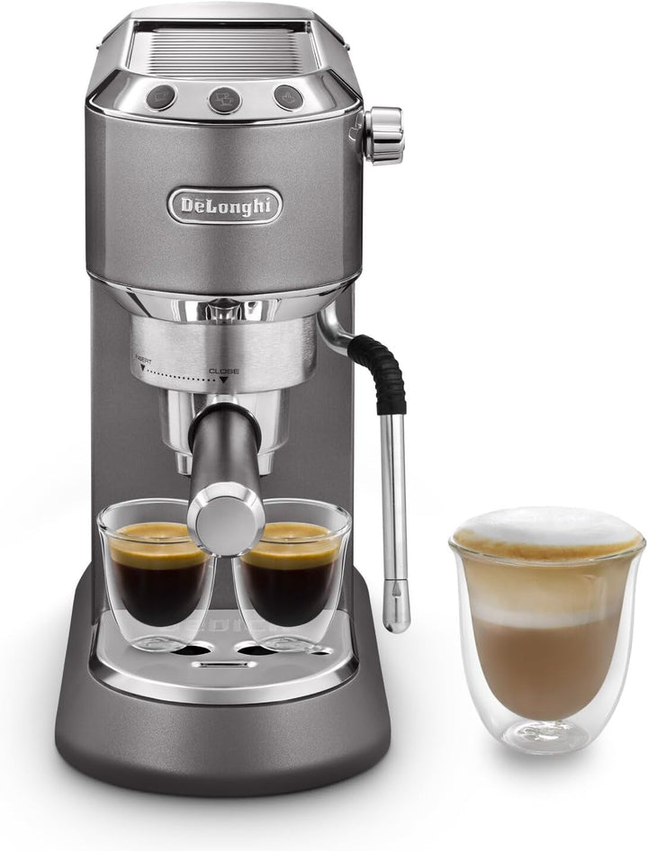 De'Longhi Dedica Style EC 685.B – Espressor portafiltru, espressor cu spumator de lapte profesional, doar 15 cm lățime, pentru cafea măcinată sau capsule ESE, rezervor de apă de 1 L, negru