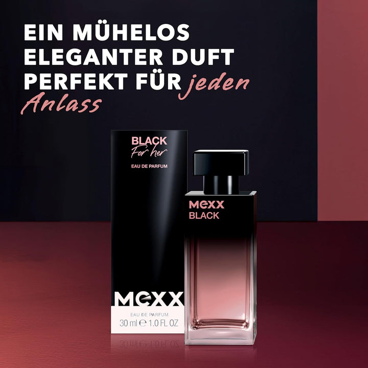 MEXX BLACK Woman Eau De Parfum, parfum captivant, intens cu note fructate pentru femei senzuale, 30ml