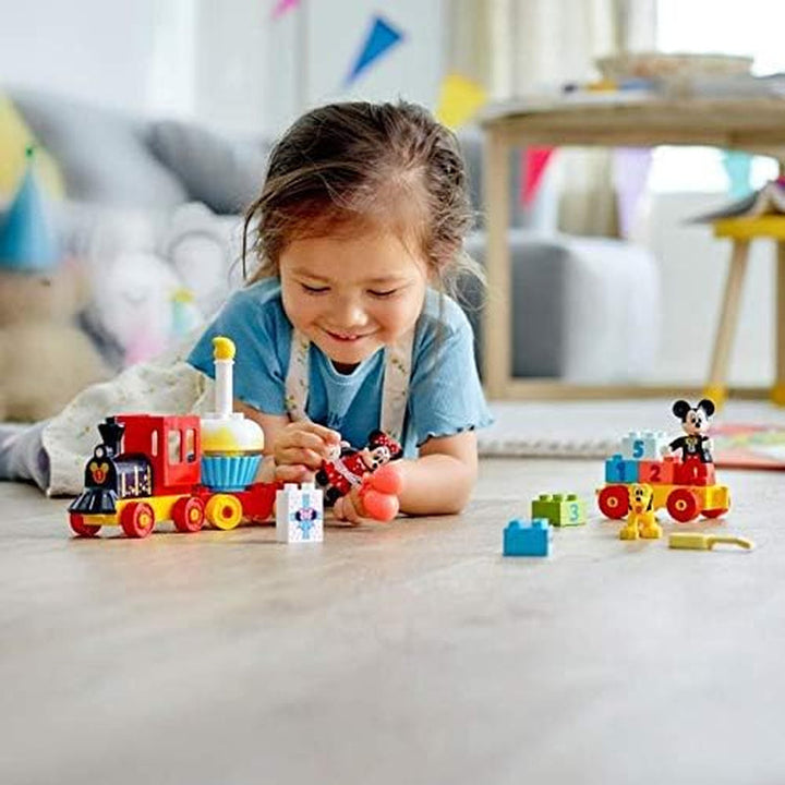 Trenul aniversar LEGO 10941 DUPLO Disney Mickey și Minnie, tren de jucărie cu tort și baloane, cadou pentru copii de 2 ani și peste