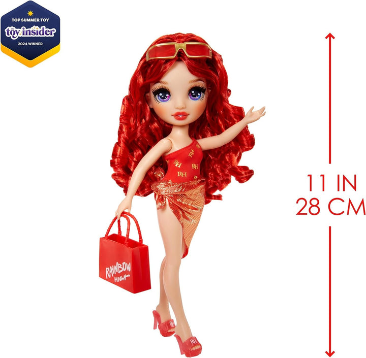 Rainbow High Swim & Style - Ruby (roșu) - păpușă înaltă de 28 cm cu pareo strălucitor, poate fi purtată în 10+ moduri - costum de baie extensibil, sandale, accesorii de joacă - jucărie - ideală pentru 4 până la 12 ani