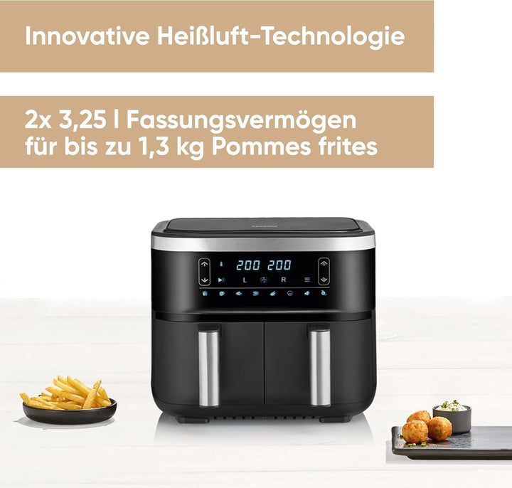 SEVERIN Doppel Heißluftfritteuse Mit 2 X 3,8 L Garraum, XXL Heißluftfritteuse Für Gesundes Kochen, 8 Automatik-Programme, Fritteuse Ohne Fett Mit Dörrfunktion, 2850 W, Schwarz/Silber, FR 2453