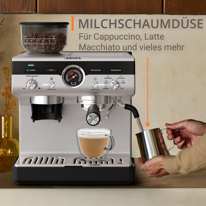 Krups Precision Mașină portafilter manuală Cu râșniță, Mașină de cafea Barista Cu panou de control intuitiv, Setări de pre-infuzie, Mașină espresso Cu duză de abur, Încălzire rapidă, XP801T10