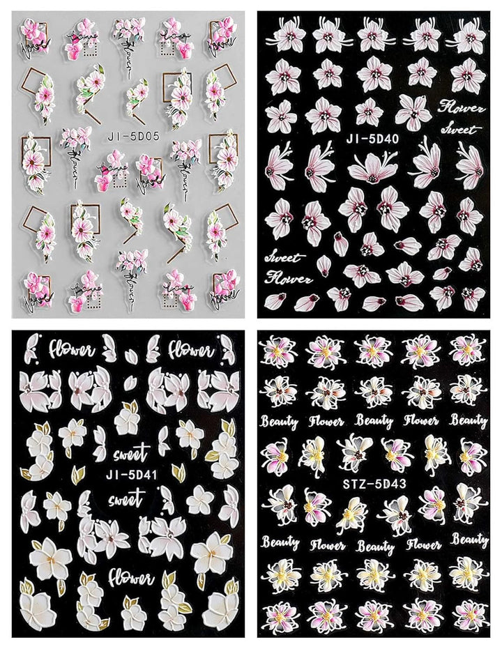 JMEOWIO 3D Nagelsticker Frühling Blume Nail Art Sticker Selbstklebend Nagelaufkleber 5D Stereoskopisch Buntes Sommer Blumen Dekoration Nageldesign Zubehör 4 Blatt