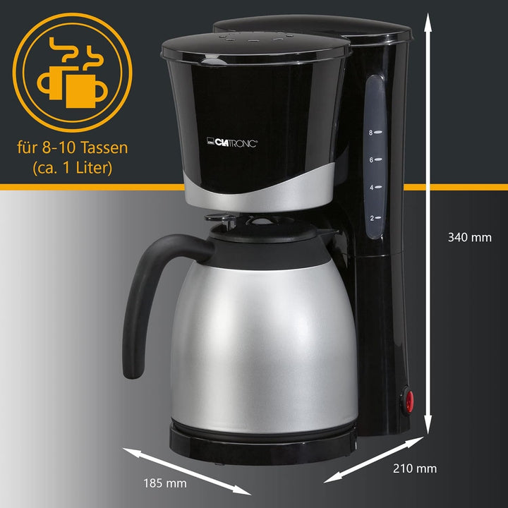 Cafetieră Clatronic® cu termos | Pentru 8-10 cești de cafea | Fără pierderi de temperatură | Cafetieră cu filtru | 1 litru | Mașină de cafea | Cafetieră cu filtru cu termos | KA 3327 negru