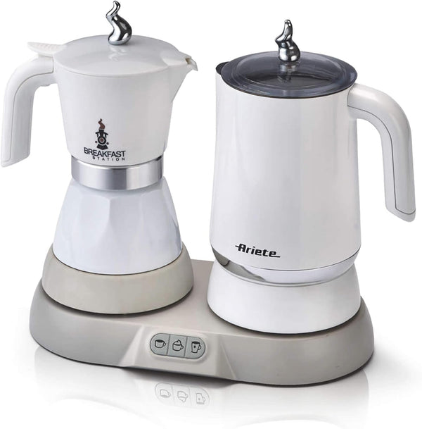 Ariete 1344 Stație de mic dejun, 3 produse în 1: spumă de lapte Moka - caldă și rece, 500W, 4/2 cești, menține cafeaua caldă, 5 funcții, alb