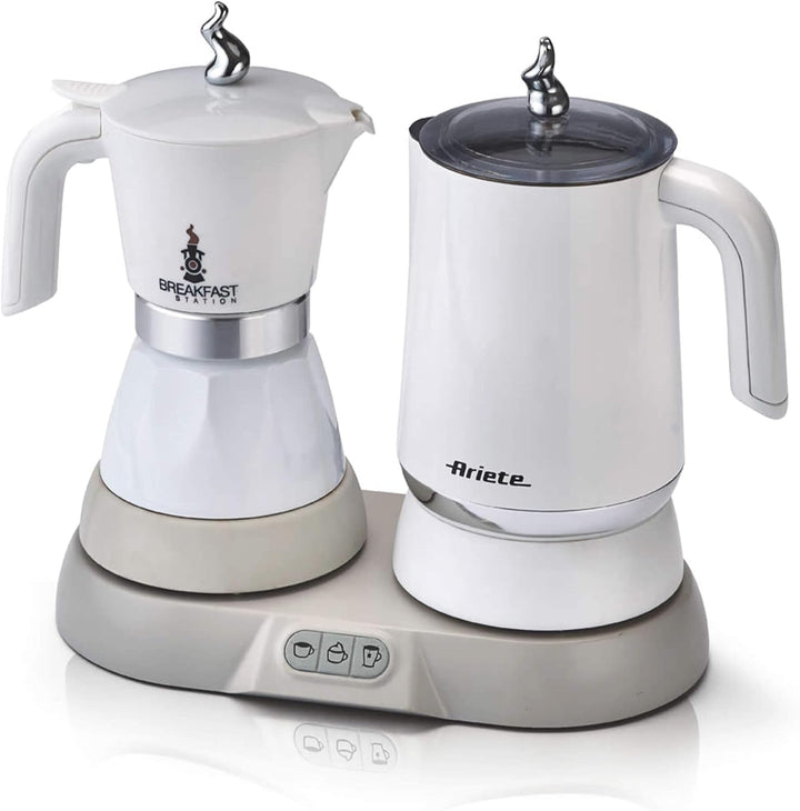 Ariete 1344 Stație de mic dejun, 3 produse în 1: spumă de lapte Moka - caldă și rece, 500W, 4/2 cești, menține cafeaua caldă, 5 funcții, alb