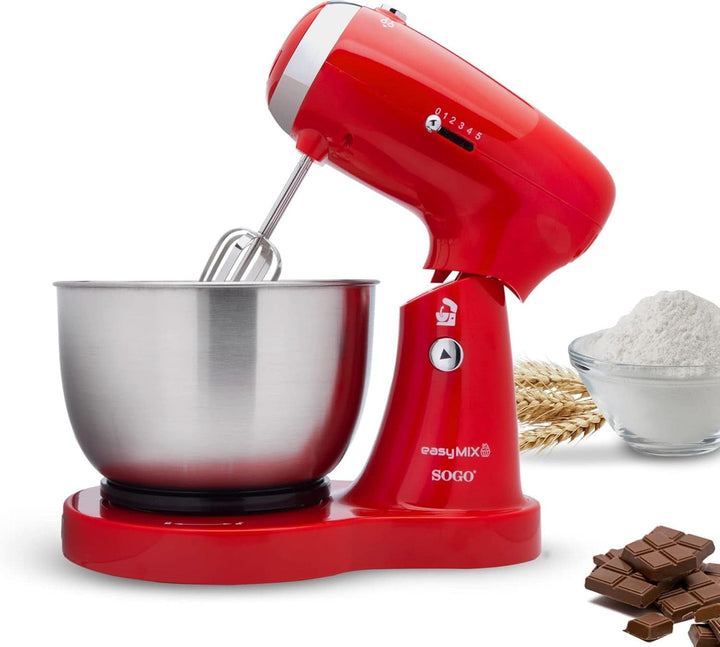 SS-14506 Küchenmaschine, Mixer Und Mixer 3-In-1 Mit Drehschüssel, Stäbchen Und Haken Zum Kneten Aus Edelstahl, 5 Geschwindigkeiten, 3,2 Liter (Rot)