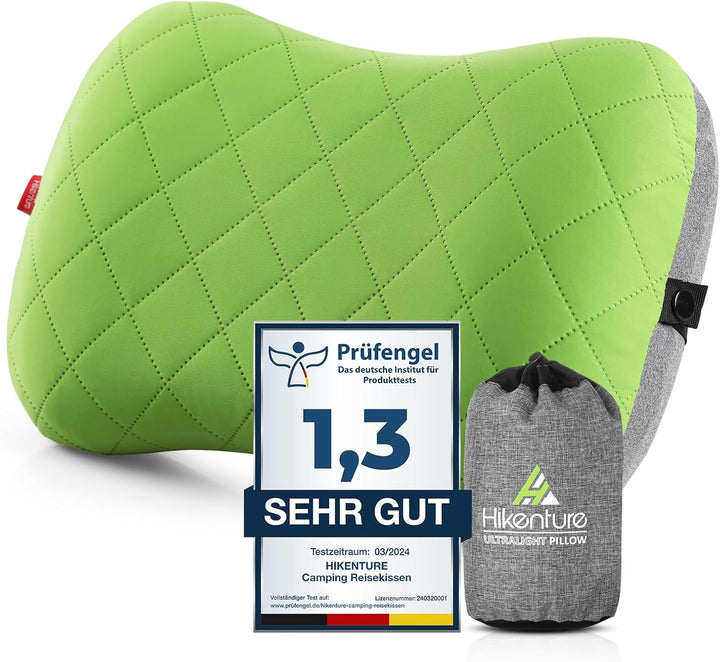 HIKENTURE Pernă gonflabilă de camping / călătorie cu față de pernă detașabilă, pernă ergonomică, pernă confortabilă pentru gât pentru călătorie / exterior, pernă gonflabilă de călătorie pentru gât (verde) ...