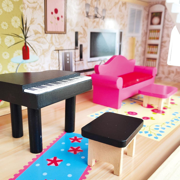 Bino World of Toys Casă de păpuși cu balcon, Jucărie pentru copii mici de la 3 ani, cu 3 etaje, scări, 4 camere și balcon incl. 15-TLG. Accesorii, Pentru a promova abilitățile copiilor, Design roz