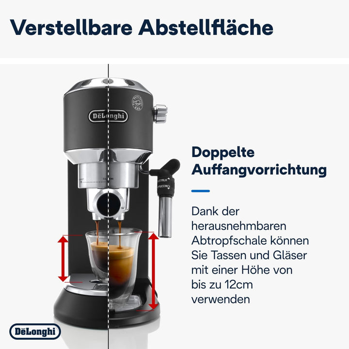 De'Longhi Dedica Style EC 685.B – Espressor portafiltru, espressor cu spumator de lapte profesional, doar 15 cm lățime, pentru cafea măcinată sau capsule ESE, rezervor de apă de 1 L, negru