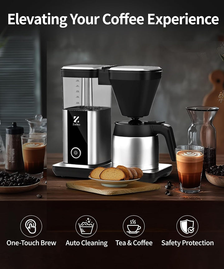 Cafetieră cu filtru Cu termos de 1,25L, preparare rapidă 4,5 min., control al temperaturii 92°C Pid, oprire picurare 30S, filtru reutilizabil, curățare automată, fără Bpa, design din oțel inoxidabil