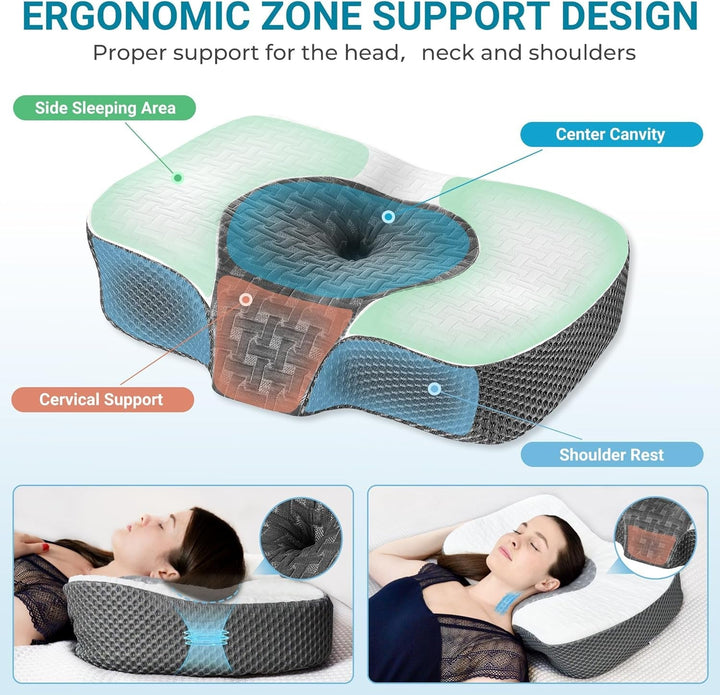 Pernă ortopedică Elviros din spumă cu memorie, pernă pentru dureri de gât, pernă de dormit, pernă ergonomică pentru gât, pernă de susținere a gâtului, pernă anti sforăit pentru cei care dorm pe o parte, cei care dorm pe stomac, alb