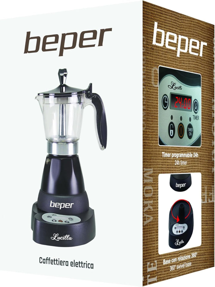 BEPER BC.041N Cafetiera electrică Lucilla - Espresso Maker pentru 3 cești cu timer programabil până la 24 de ore în avans - cafea fierbinte timp de 30 de minute, negru