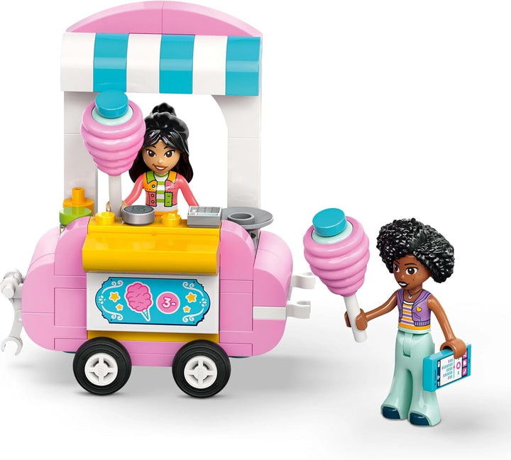 Suport pentru vată de zahăr LEGO Friends, set de joacă pentru jocuri de rol creative cu 2 minifigurine, suport mobil și accesorii, cadou pentru fete de la 6 ani, set de construcție cu mini păpuși 42643