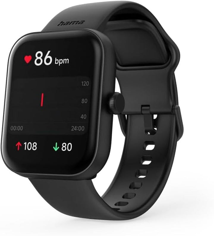 Hama Smartwatch (ecran color 1.65", funcție telefon, Whatsapp, e-mailuri etc., asistent vocal, rezistent la apă, fitness tracker cu 100 de sporturi + ritm cardiac, oxigen din sânge, calorii etc.) negru