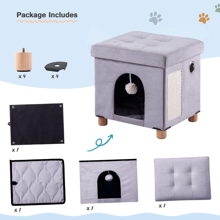 BRIAN & DANY Peșteră pliabilă pentru pisici mari, Casă pentru pisici cu zgârietură și minge de joacă, Taburet tip piept cu picioare din lemn 37 x 31,8 x 36 cm, Gri
